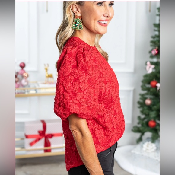 Tuckernuck Tops - Tuckernuck + Hyacinth House Red Jacquard Noelle Blouse | Puff Sleeve | XXL | New